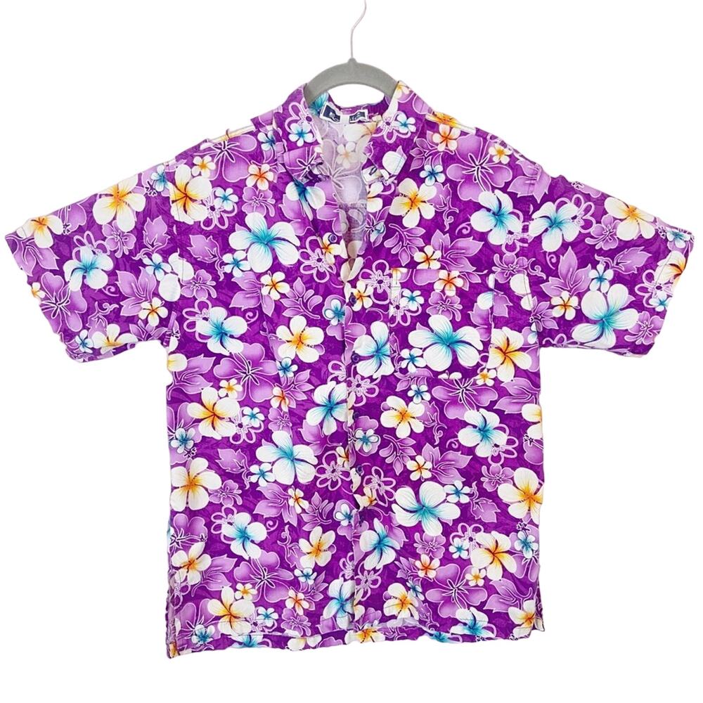 Tropical Floral Shirt Vintage Purple Button Up Retro Hawaiian Size M to L Bold